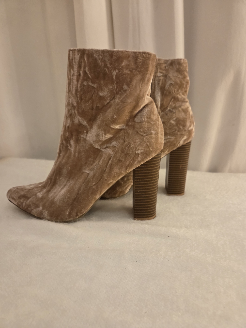 Velvet Pointed Toe Block Heel Ankle Boots - Taupe "Wild Diva lovings" Brand